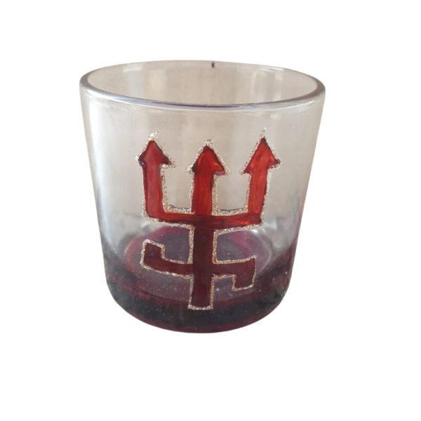 Copo De Whisky Decorado Com Estampa De Tridente Vermelho Com Borda Dourada 320 Ml